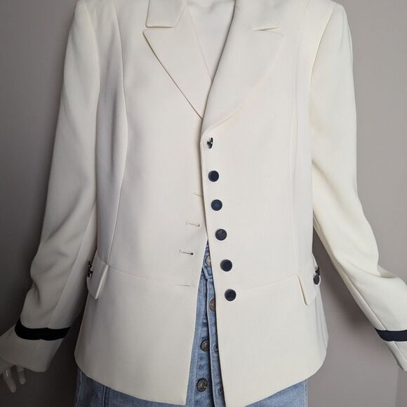 White Women's Blazer Jacket Black Accents Buttons Cuff Stripe The Suit Sz 14 - Picture 2 of 11